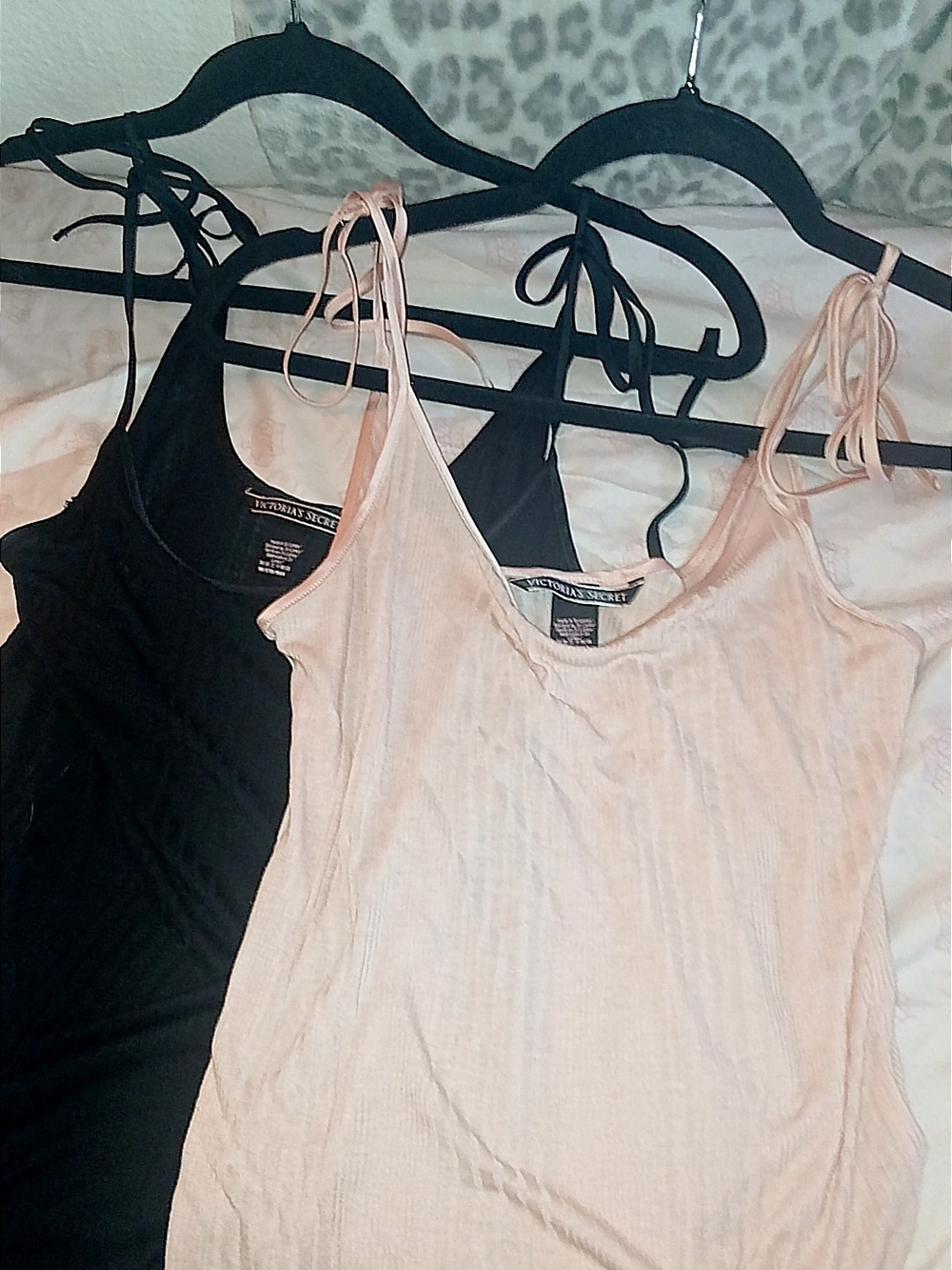 Victoria's Secret Ribbed Tie-Shoulder Camisoles - Black & Light Pink